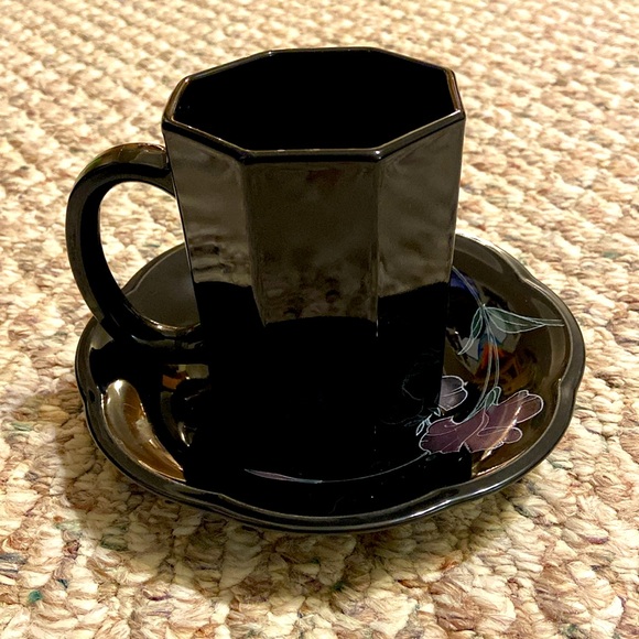 Mikasa Other - BLACK GLASS COFFEE CUP VINTAGE ARCOROC OCTIME MCM MADE IN FRANCE OCTAGON W/PLATE